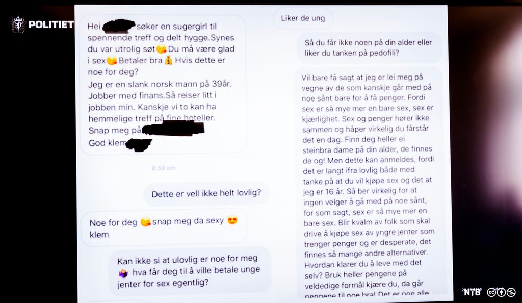 Faksimile av nettprat mellom to personer der en voksen mann inviterer ei ung jente til å ha sex mot betaling. Hun spør hva som får ham til å foreslå noe som er ulovlig. Han bekrefter at han liker unge jenter, og hun svarer at sex og penger ikke hører sammen, og at han bør finne seg en på sin egen alder.
