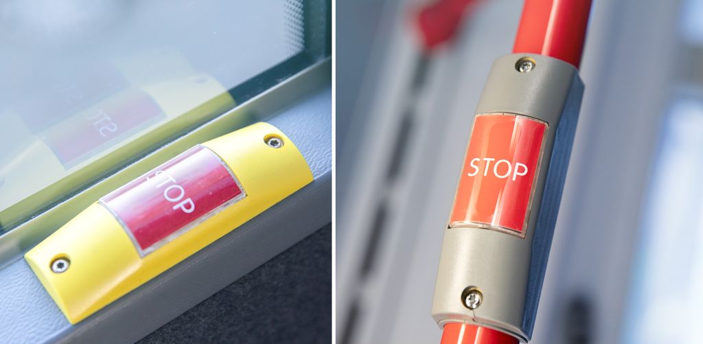 Kollasj som viser stoppknapper i en buss.