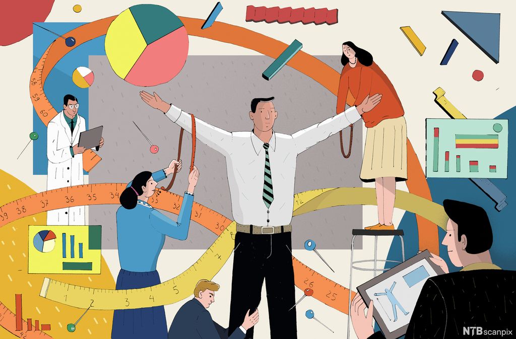 Mann blir målt og observert. Han er omgitt av ulike diagrammer. Illustrasjon.