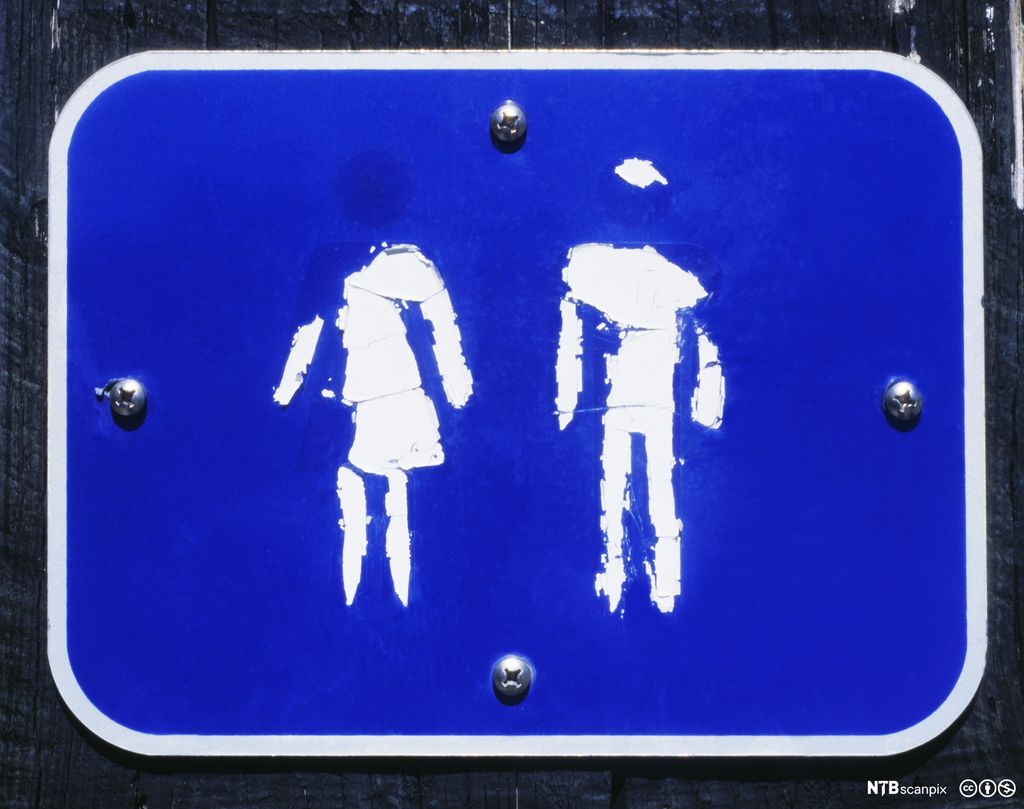 En illustrasjon av en kvinne - og mannsskikkelse på et skilt. Skiltet er litt slitt. Foto. 