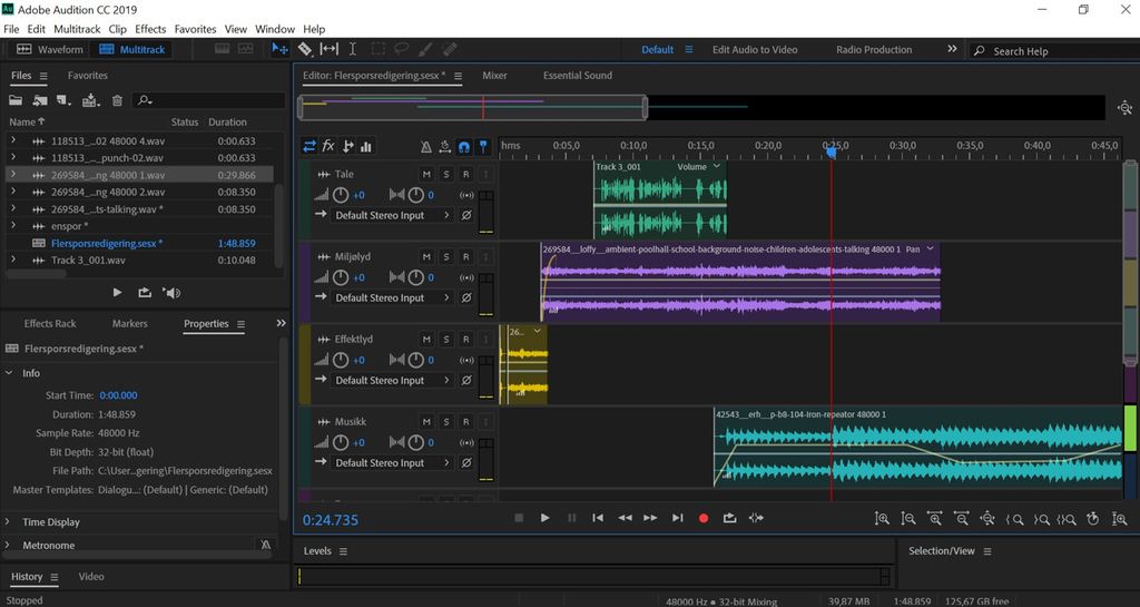 Arbeidsvindu i lydredigeringsprogrammet Audition. Skjermbilde.