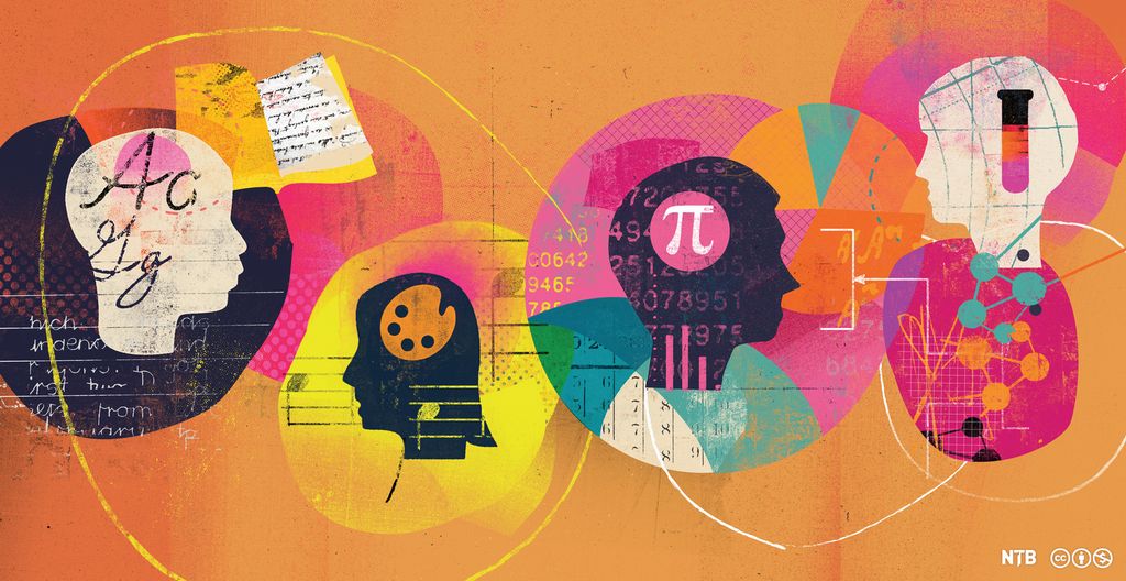Silhouettes of heads: the first has handwriting on it, the second notes and a palette, the third the π symbol, the fourth a test tube. The picture has bright colours. Illustration. 