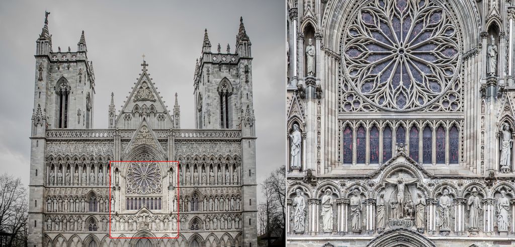 Fotografi av fasaden på Nidarosdomen med nærbilde av fasadens midtre del.