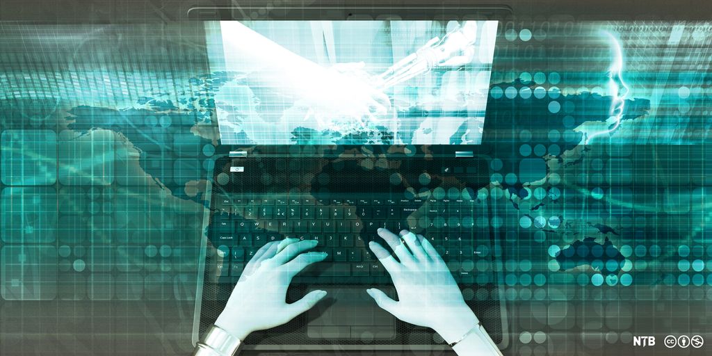 Nærbilde av hender som skriver på et pc-tastatur. Oppå dette grunnbildet er det lagt andre figurer og ansikter, men disse er bare antydet. Illustrasjon.