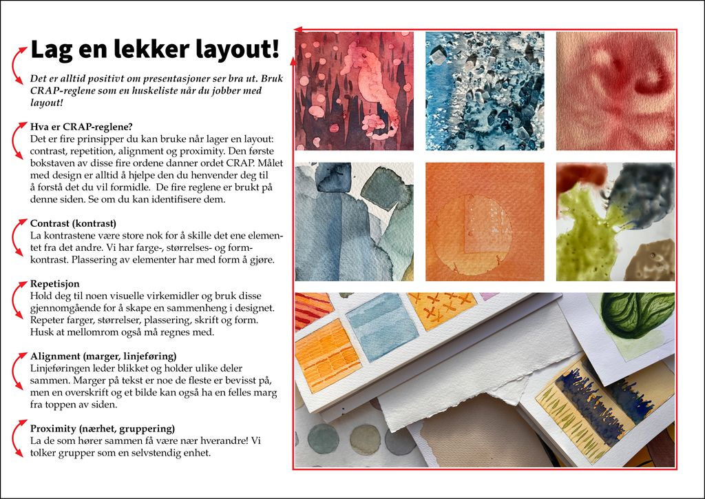 Plakat med tekst og bilder som eksempel på layout. Illustrasjon.