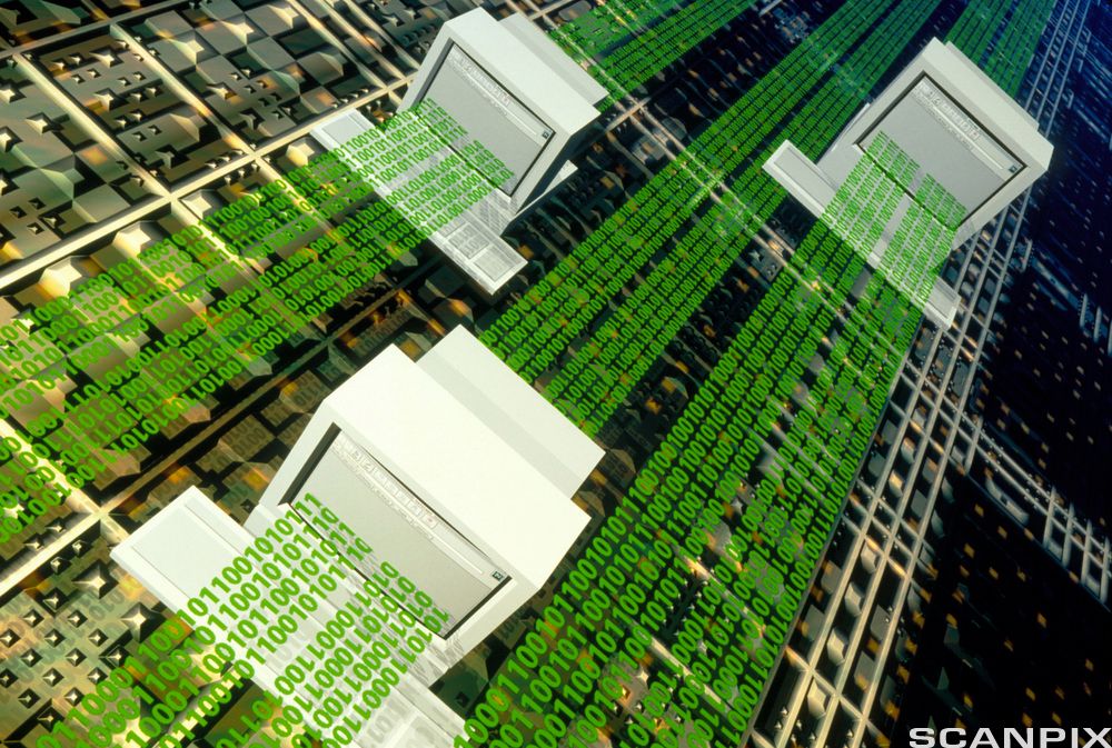 Rekker med binære tall som går gjennom en datamaskin. Illustrasjon.