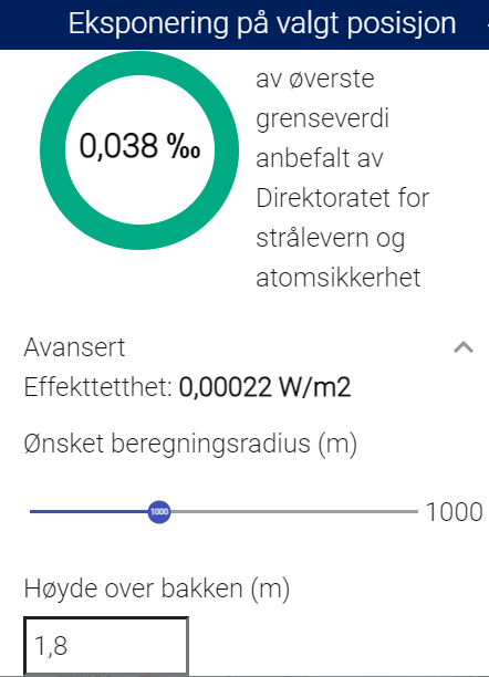Skjermbilde fra nettside som viser hvor mye stråling man blir utsatt for på et gitt sted, og hvor stor del dette utgjør av anbefalte grenseverdier. Illustrasjon.