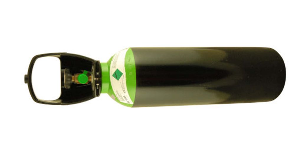 Ein grøn gassbehaldar som inneheld argon. Foto.