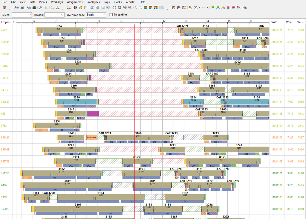 Bildet viser et utsnitt av et dataprogram med en kalender som har kobling mellom bussjåfør og bussnummer.