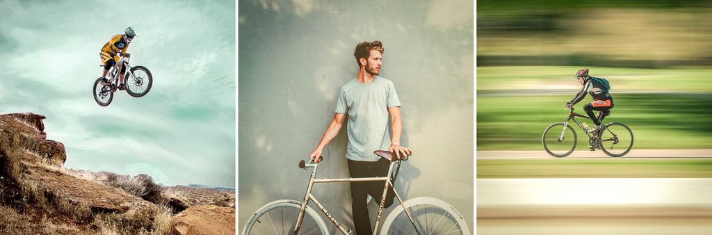 Bilderekke som viser tre forskjellige sykkelmodeller: Bilde nr. 1 viser en person som har hoppet opp i lufta på en MTB-sykkel i et fjellandskap. Bilde nr. 2 viser en person som står stille og holder på en bysykkel, og bilde nr. 3 viser en person som sykler på en racer-sykkel på en landevei. Foto.