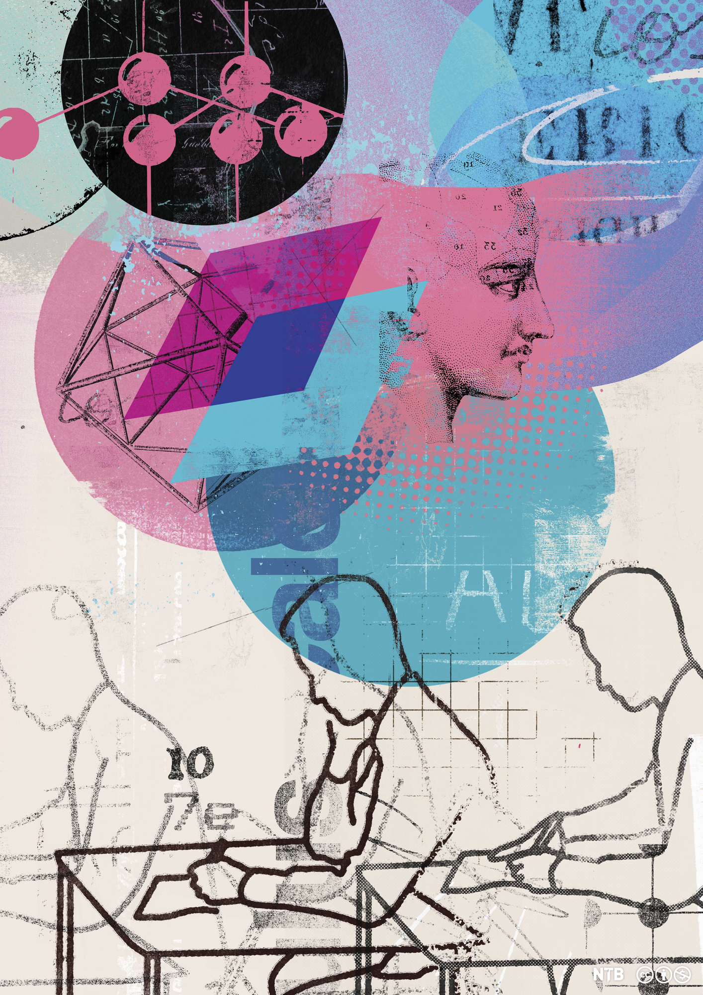 Strektegning av elever under eksamen. Tre elever sitter ved hver sine pulter, men pultene glir liksom inn i hverandre. På veggen i bakgrunnen er det ulike sirkelformede illustrasjoner i blå- og rosanyanser. Illustrasjon.