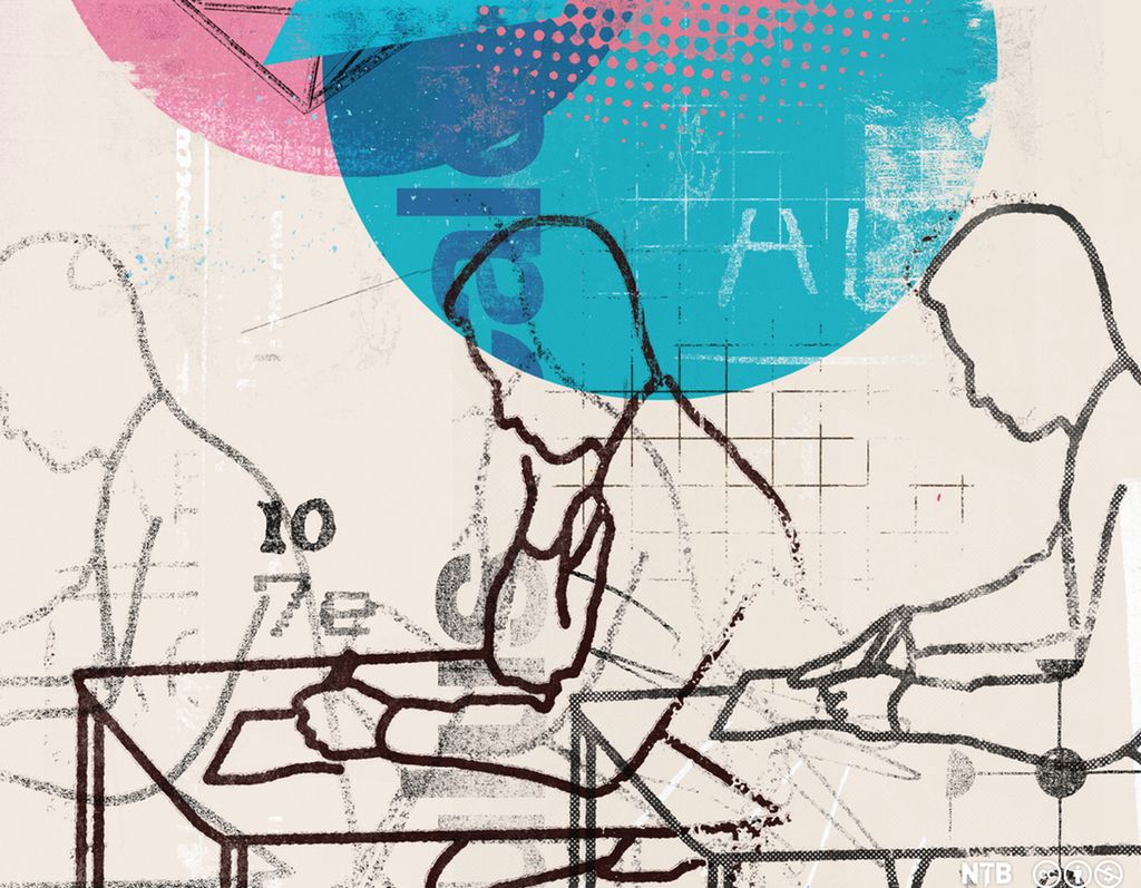 Strektegning av elever under eksamen. Tre elever sitter ved hver sine pulter, men pultene glir liksom inn i hverandre. På veggen i bakgrunnen er det ulike sirkelformede illustrasjoner i blå- og rosanyanser. Illustrasjon.