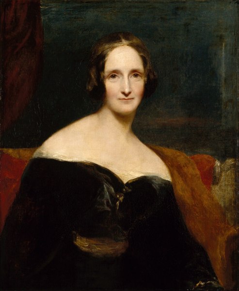 Painting: Portrait of a woman. She has dark hair. She is looking straight at the viewer. 