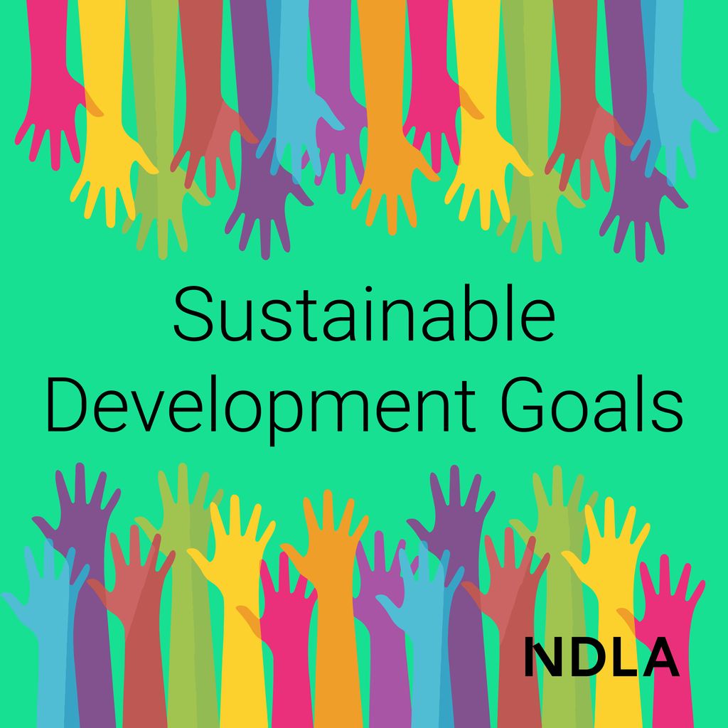 Several colourful hands reaching towards the title: "Sustainable Development Goals." Illustration.