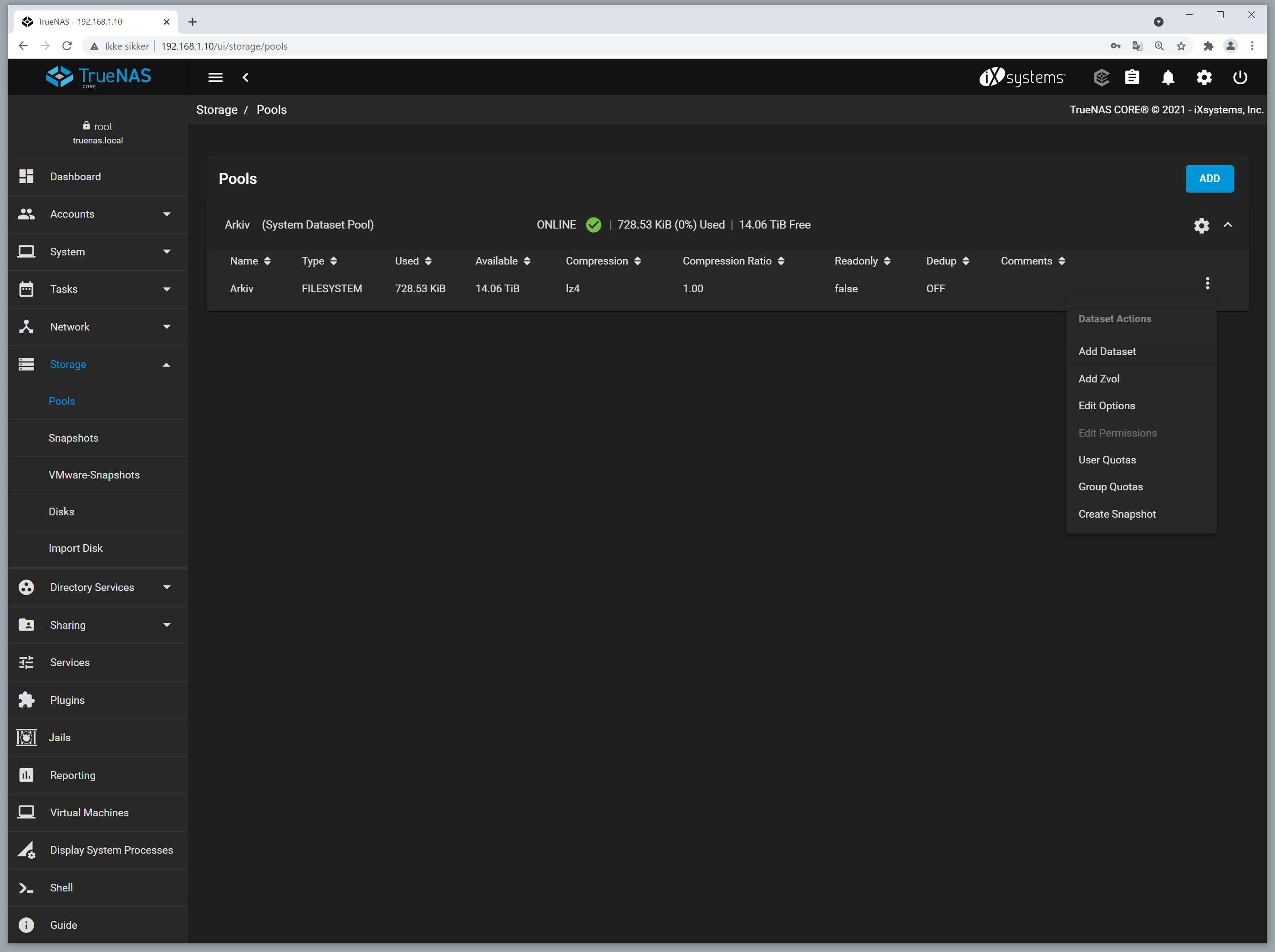 Webgrensesnitt som viser tilgjengelige pools. Skjermbilde.