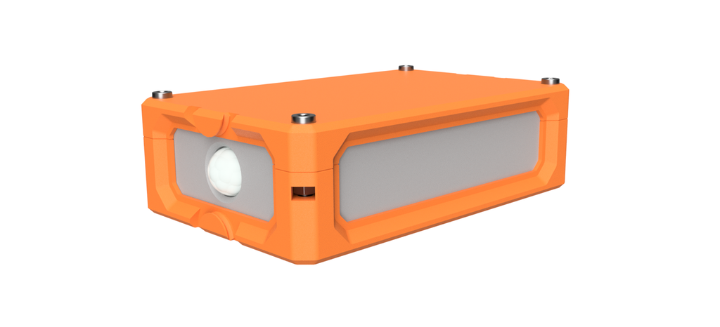 Oransje boks med en hvit sensor på ei av sidene. Illustrasjon