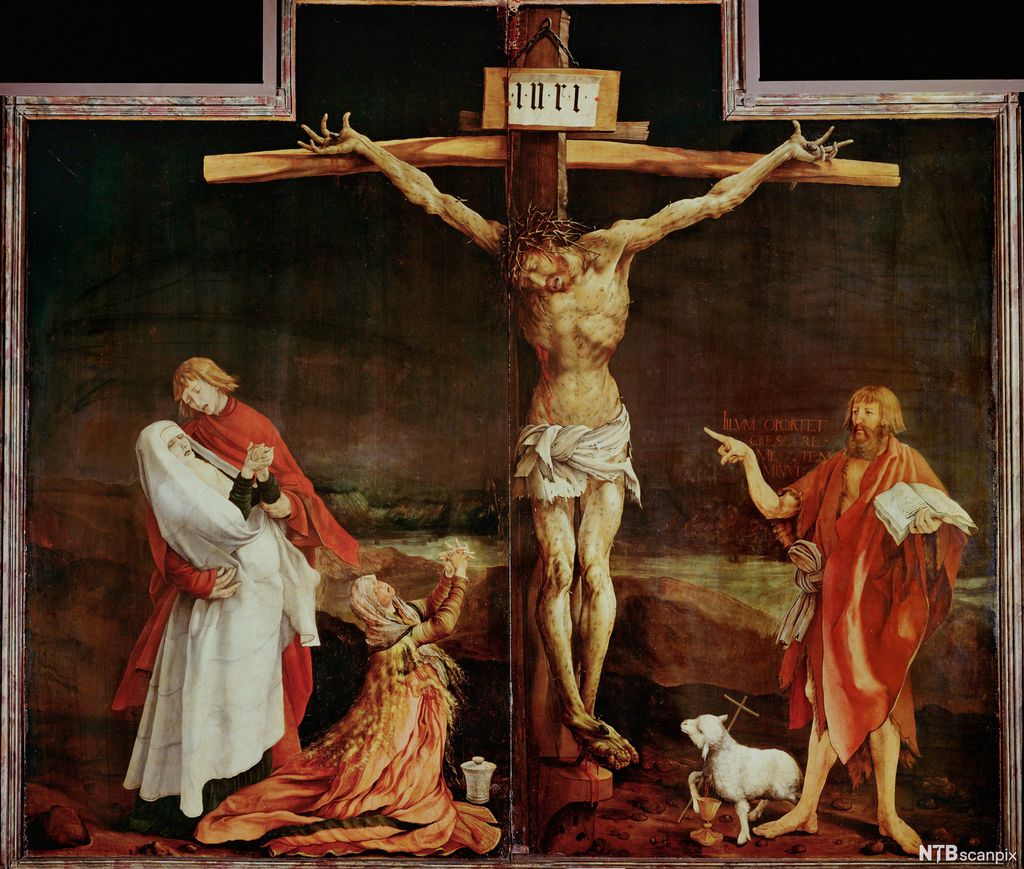 Alterbilde som viser Jesus korsfestet. Flere står rundt ham og sørger og ber. Illustrasjon.