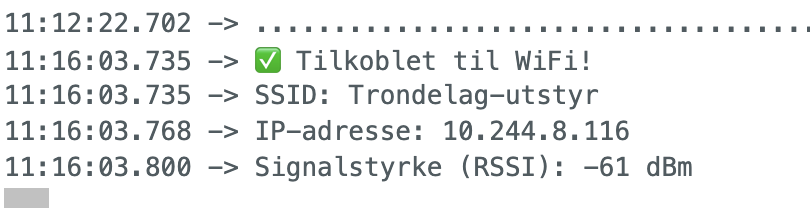 Display med tekst som forteller at et utviklerkort er registrert på et nett som heter Trondelag-utstyr. Skjermbilde.