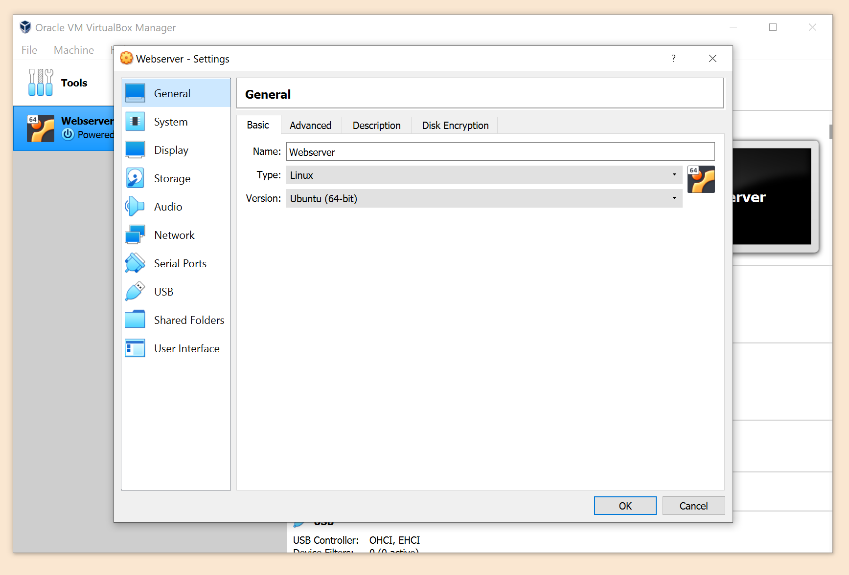 Skjermbilde fra programmet VirtualBox som viser et vindu med innstillingskategorier på venstre side og detaljerte innstillinger på høyre side.