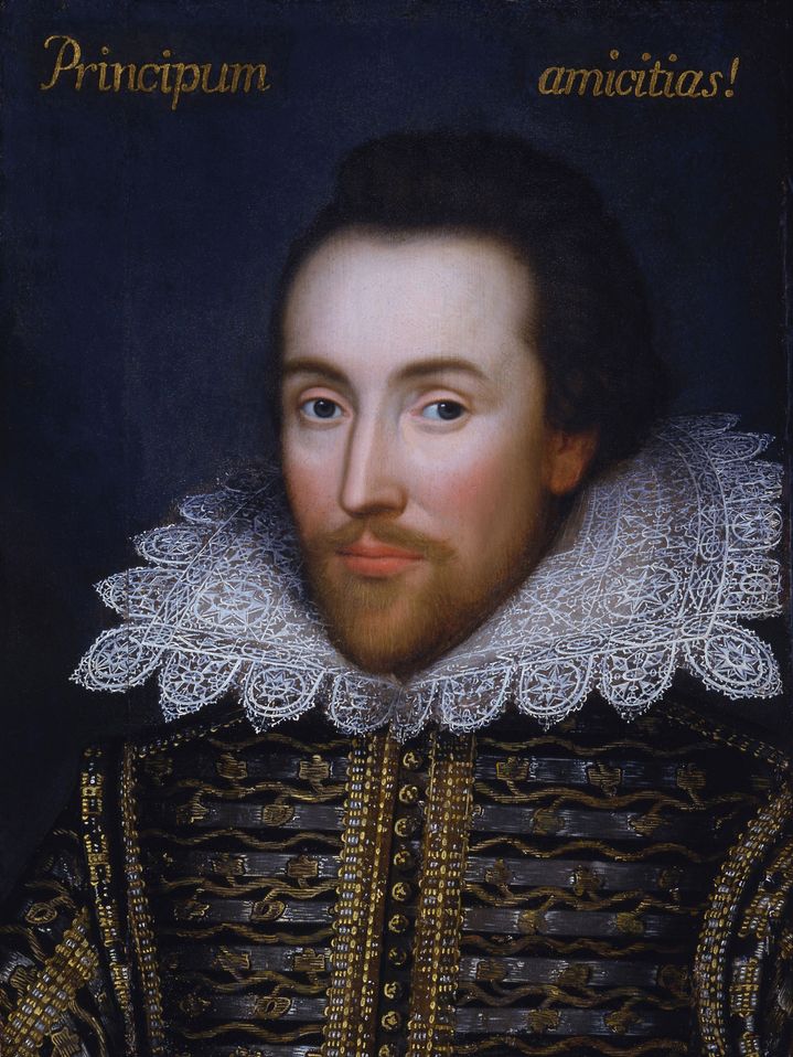 Måla portrett av ein ung William Shakespeare. Han har brei blondekrage og pent frisert skjegg. Illustrasjon.