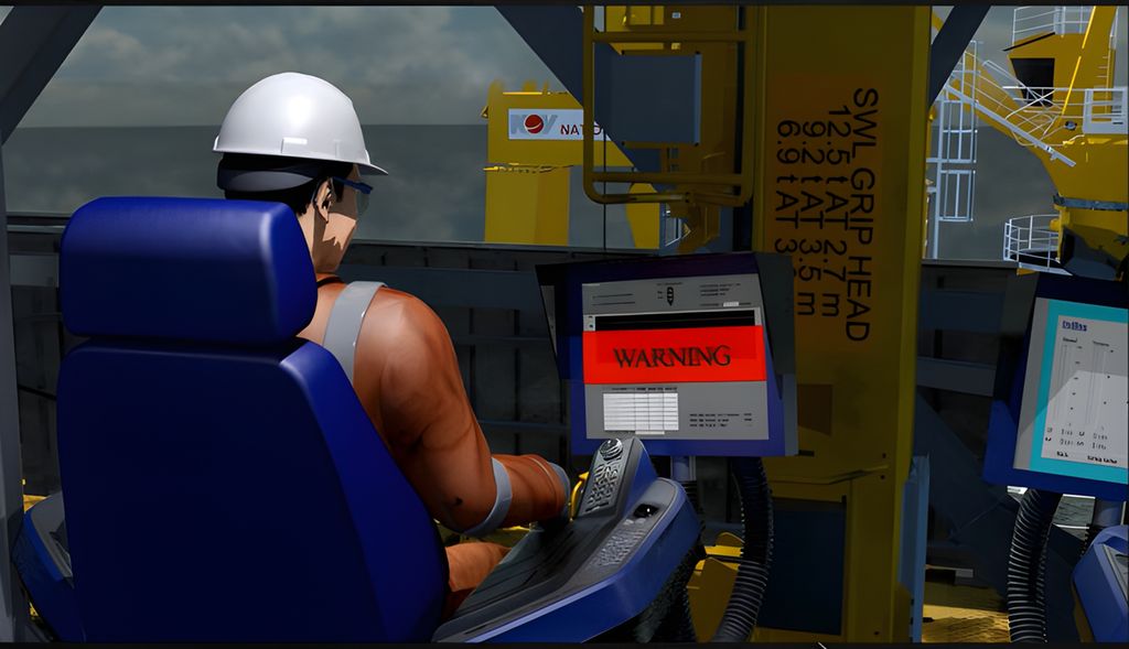 Skissen viser en mann som sitter i en arbeidsstol og ser på en skjerm. Arbeidsplassen er inne i borehuset på boredekket. Illustrasjon.