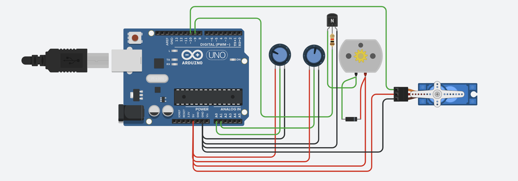Arduino, to potensiometre, en DC-motor og en servomotor kopla sammen med ledninger og resistorer. Illustrasjon