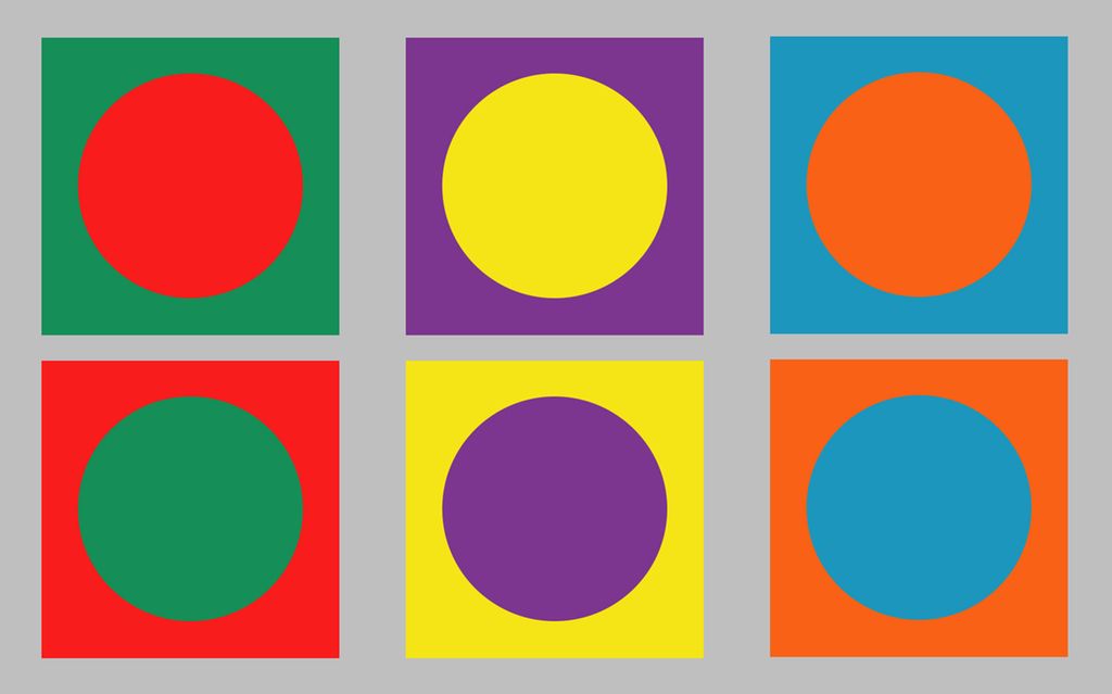 Illustrasjon av komplementære fargepar. Fargane står samla i kvar sin boks. Grønn mot raud og raud mot grøn, gul mot lilla og lilla mot gul, oransje mot blå og blå mot oransje. Illustrasjon. 