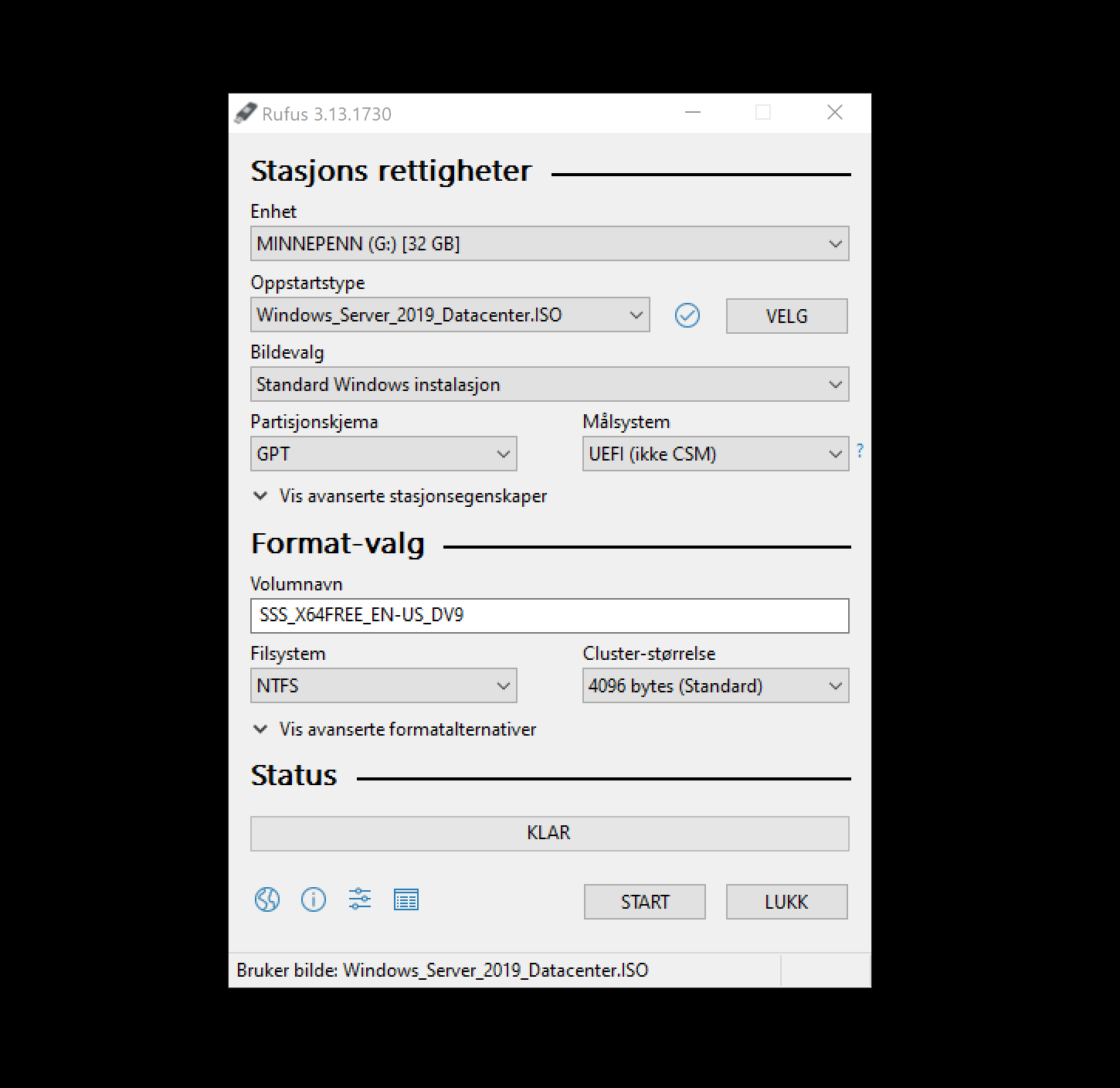Programvindu med åtte felter/nedtrekksmenyer og noen knapper. Skjermbilde