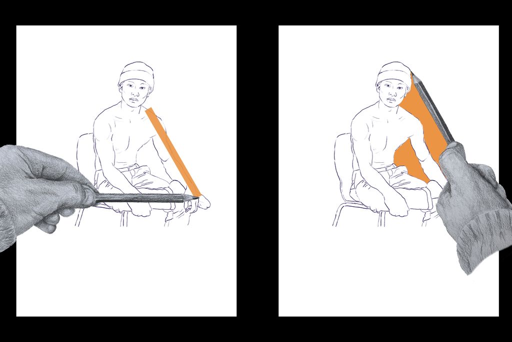 To teikningar av ein gut. Teikning av ei hand med blyant er plassert framfor teikningane. Illustrasjon.