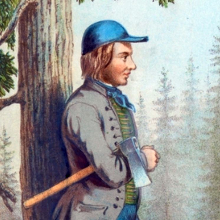 Mann med flott jakke med knapper, vest, halstørkle og skyggelue. Han står lent inntil en trestamme og har ei øks under armen. Trykk. 