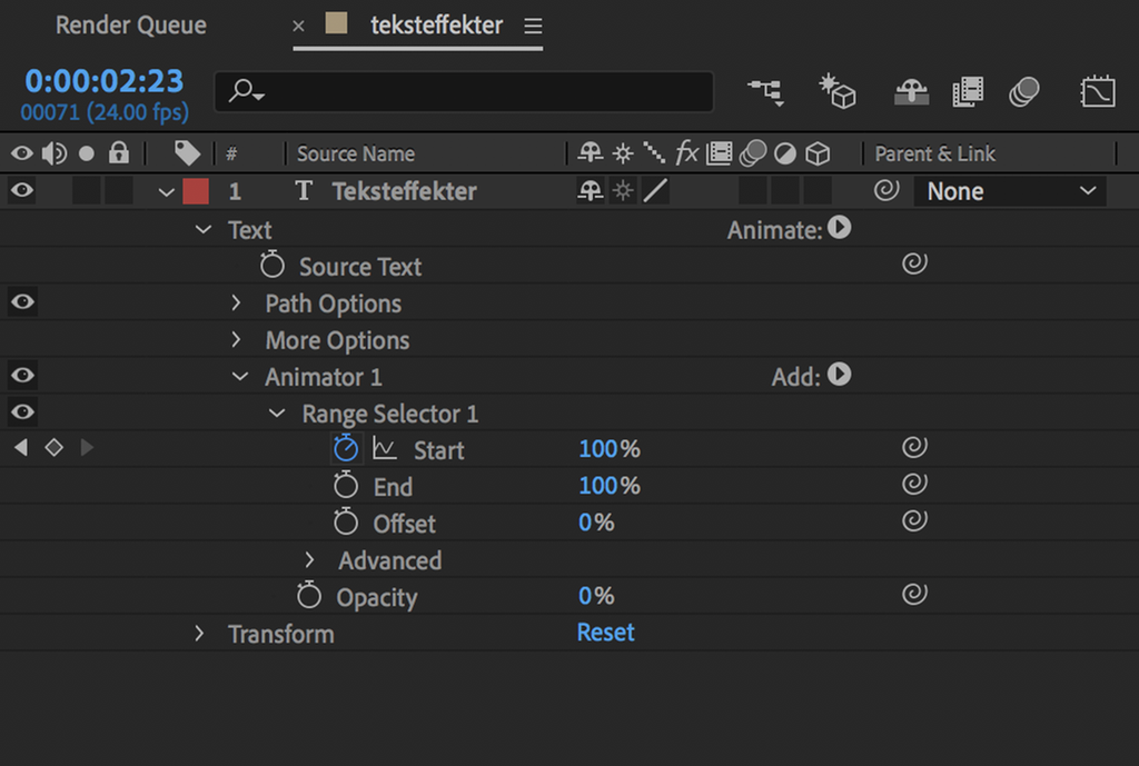 Arbeidsvindauge i After Effects som viser ein meny i tekstlaget. "Animator 1" er opna og menyen "Range Selector 1" har komme fram. Skjermutklipp.