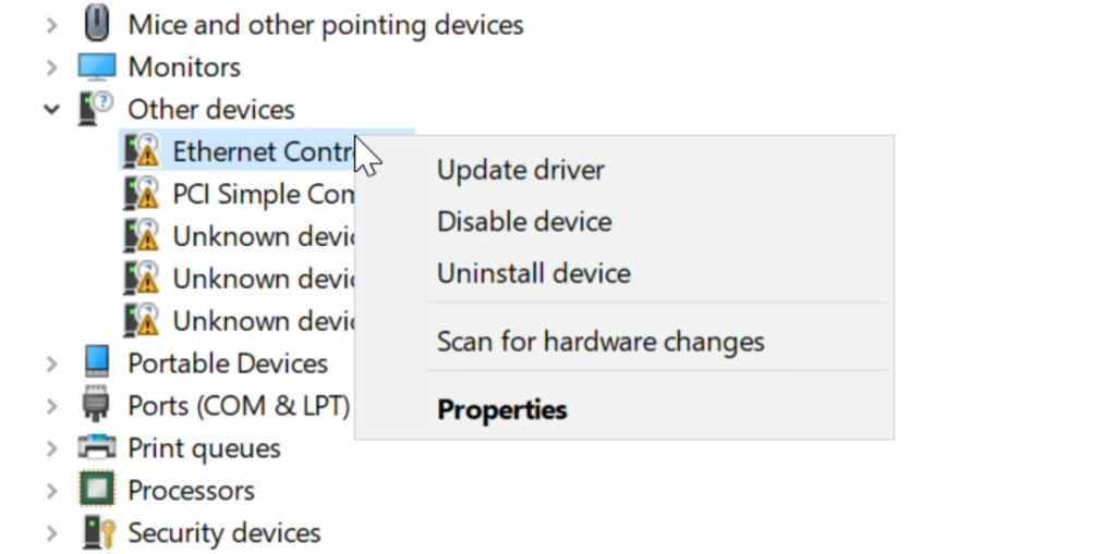 Skjermbilde fra Device Manager som viser enheten Ethernet Controller med musepeker over og en boks med menyvalg på siden.