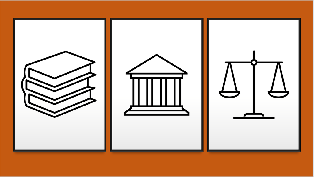 Tredelt bilde av en bokstabel, en bygning med søyler og en vektskål, som skal symbolisere lov, rett og rettferdighet. Illustrasjon.