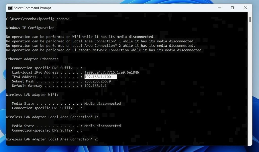 Kommandolinjevindu som viser at kommandoen "ipconfig /renew" kjører, og at maskinen nå har ny IP-adresse. Skjermbilde.