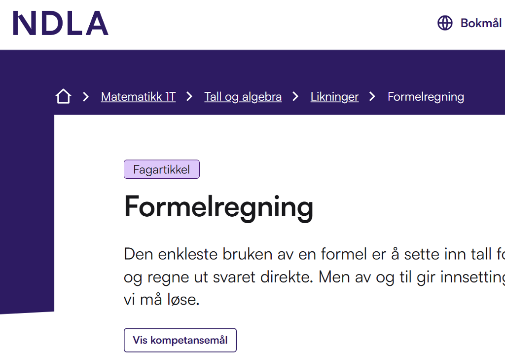 Skjermutklipp fra en side på ndla.no som viser brødsmulestien øverst på nettsiden. Skjermutklipp.