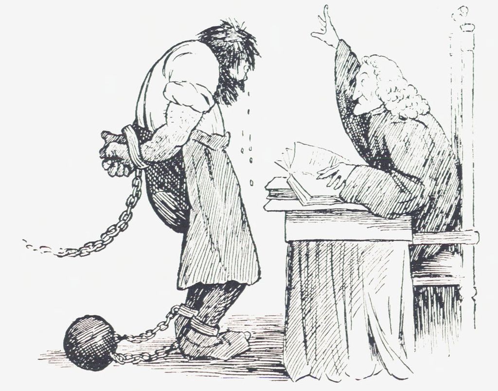 Tegning av en mann som har hendene lenket fast og ei kule lenket til foten. Han står foran et bord. Bak bordet sitter en dommer med parykk og ei oppslått bok. Dommeren rekker ei hånd opp i været. Illustrasjon.