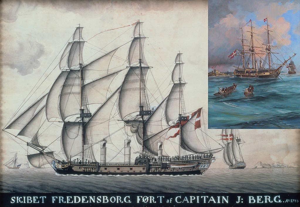 Two watercolour drawings of a sailing ship. It has Danish flag. Underneath the picture are the words 'SKIBET FREDENSBORG FØRT af CAPITAIN J:BERG', which means 'the ship Fredensborg captained by J. Berg'. 