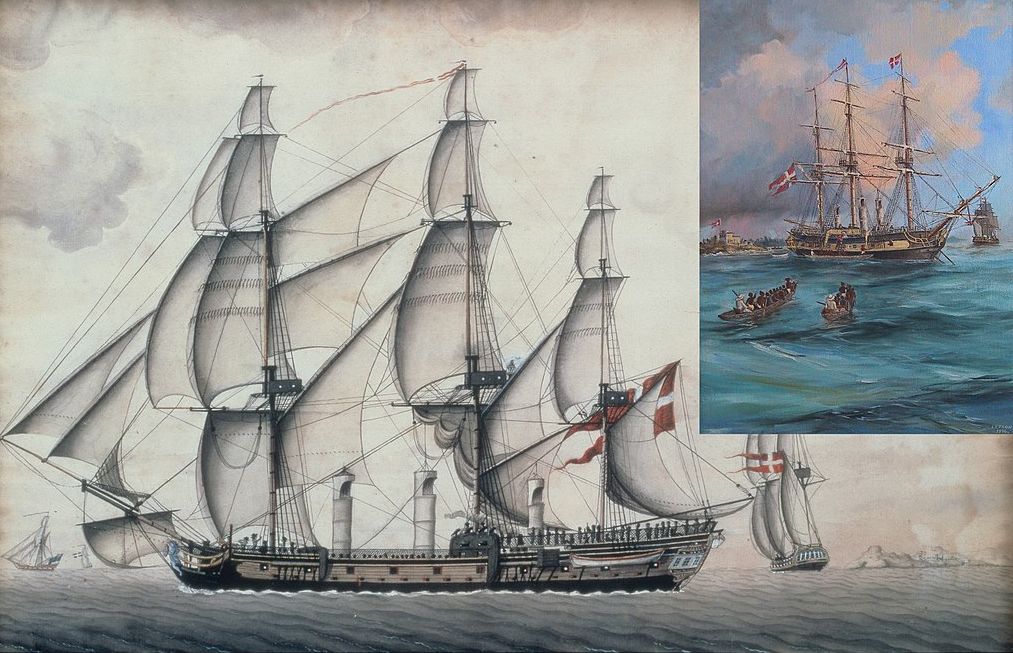 Two watercolour drawings of a sailing ship. It has Danish flag. Underneath the picture are the words 'SKIBET FREDENSBORG FØRT af CAPITAIN J:BERG', which means 'the ship Fredensborg captained by J. Berg'.