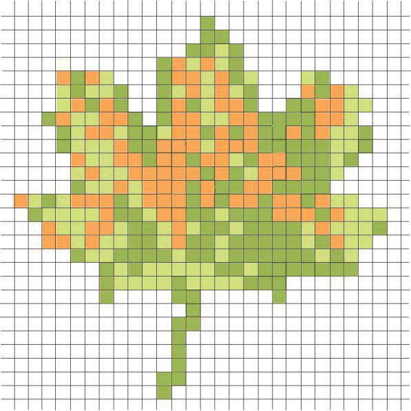 Eit stilisert lønneblad er laga som eit rutemønster i grønt og oransje. Illustrasjon.