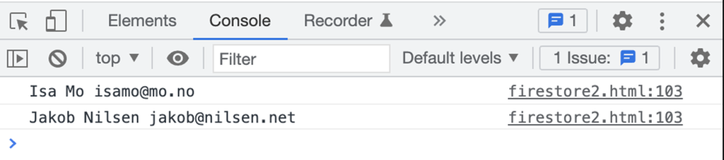 Konsollen i nettlesaren med utskrift frå Firestore. Foto.