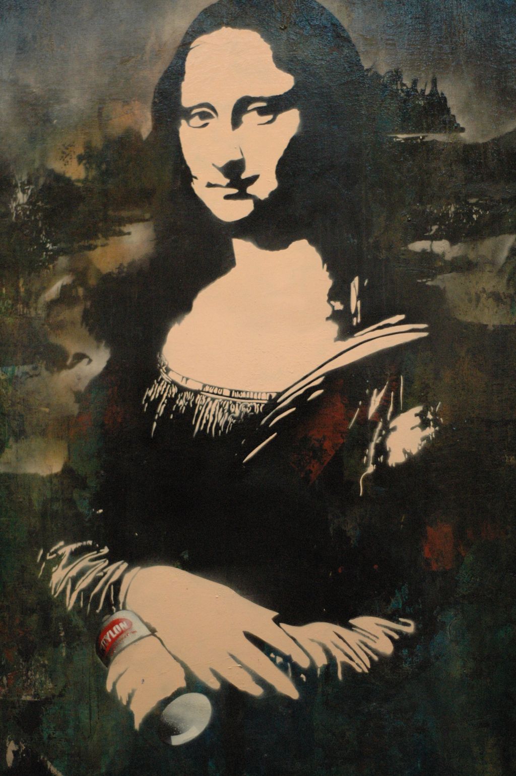 Mona Lisa avbildet med en sprayboks i hånda. Illustrasjon.