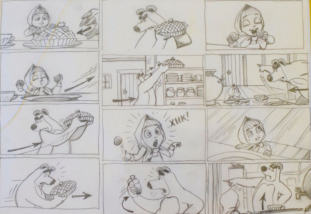 Storyboard for animasjonsserien Masha og Mishka. Illustrasjon.