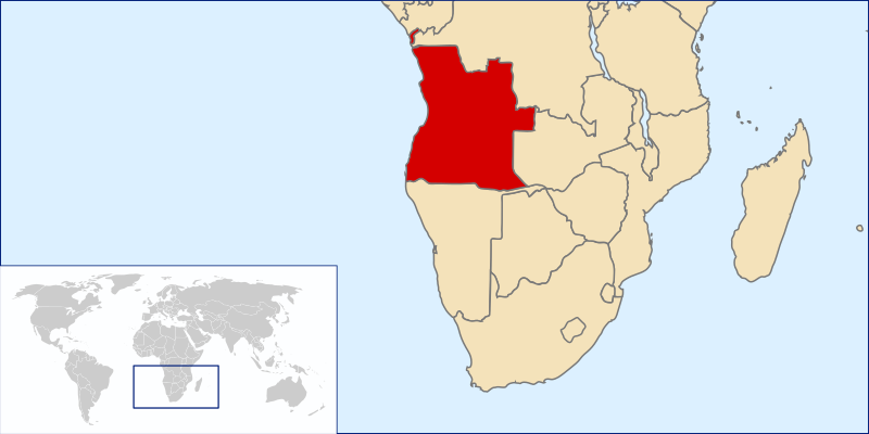 Map of the southern part of Africa, showing Angola in red. In a box there is a world map with this part of Africa in a square.  Illustration.