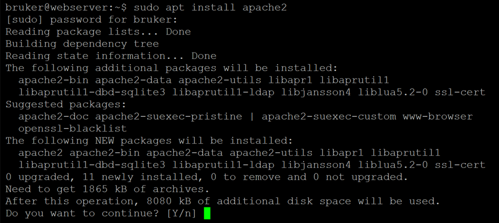 Linux lister opp programpakker som vil bli installert ved installasjon av Apache2. Brukeren blir spurt om å bekrefte installasjon ved å taste y for yes eller n for no. Skjermbilde.