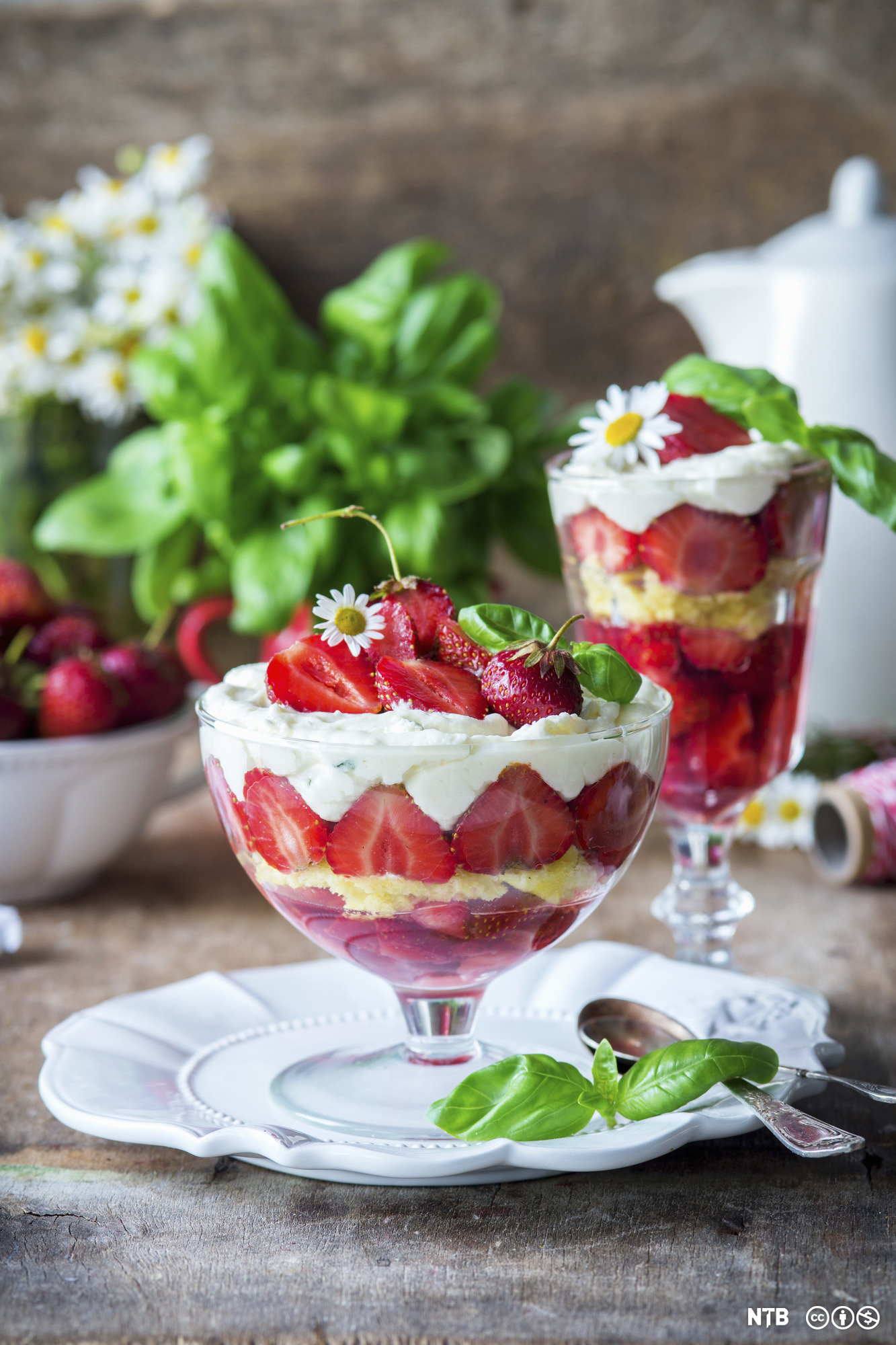 En skål med stett fylt med dessert bestående av jordbær, krem og sukkerbrød som er lagt lagvis. Foto.