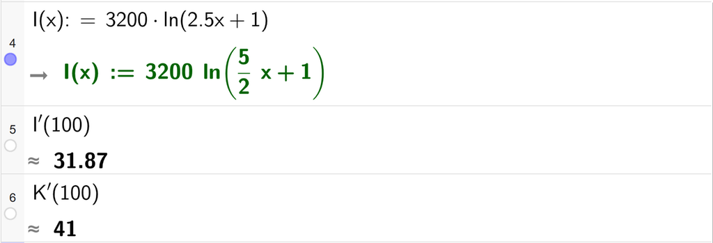 På linje 4 i CAS-vinduet i GeoGebra er I av x definert som 3200 ganger l n parentes 2,5 x pluss 1 parentes slutt. På linje 5 er I derivert av 100 regnet ut med tilnærming til 31,87. På linje 6 er K derivert av 100 regnet ut med tilnærming til 41. Skjermutklipp.