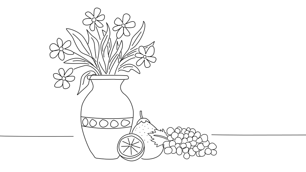 En vase med blomster, ved siden av ligger noen frukter. Illustrasjon.