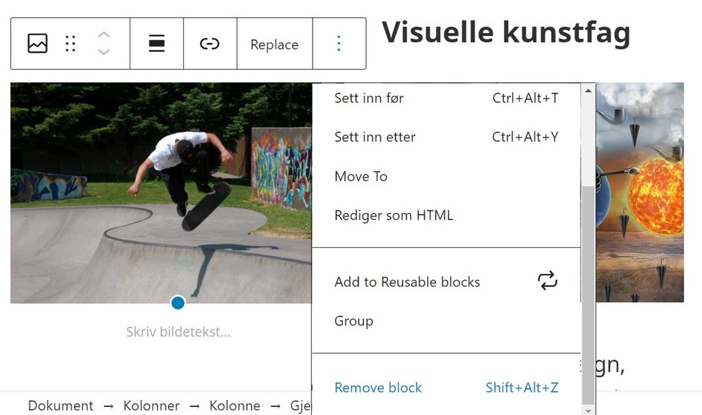 Vi ser et arbeidsvindu i Wordpress med bilder og tekst i bakgrunn og verktøylinjer fremst. Oppe til venstre er det en verktøylinje med en rekke ikoner. Ikonet helt til høyre er tre prikker, og det er markert. Ned fra ikonet kommer en liste med flere valg som «move to», «group» og «remove block». Skjermbilde. 