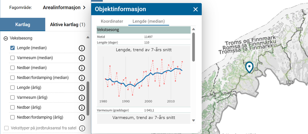 Skjermdump fra det digitale kartet Kilden som viser endringa i varmesum for et valgt sted i Troms og Finnmark i perioden 1980 til 2015 som en graf. Illustrasjon.