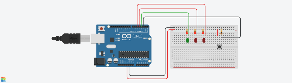 Illustrasjon av en Arduino mikrokontroller som er kopla opp til et koplingsbrett som inneholder tre lysdioder, en trykknapp og fire resistorer. Illustrasjon.